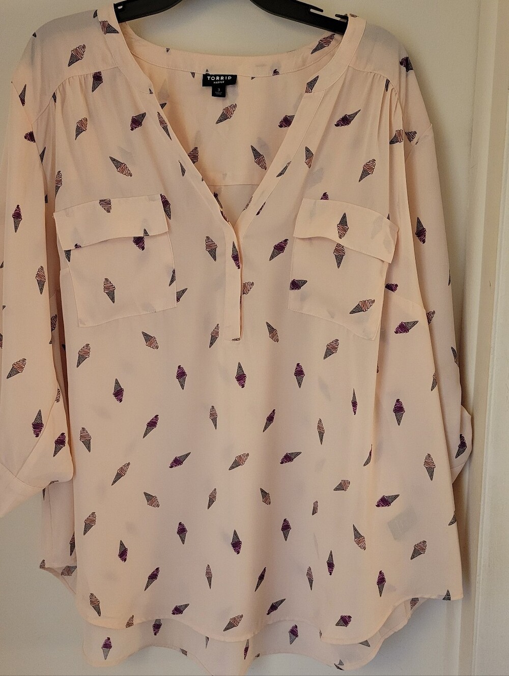 Torrid Cream Blouse with Purple Ice Cream Cone Print
